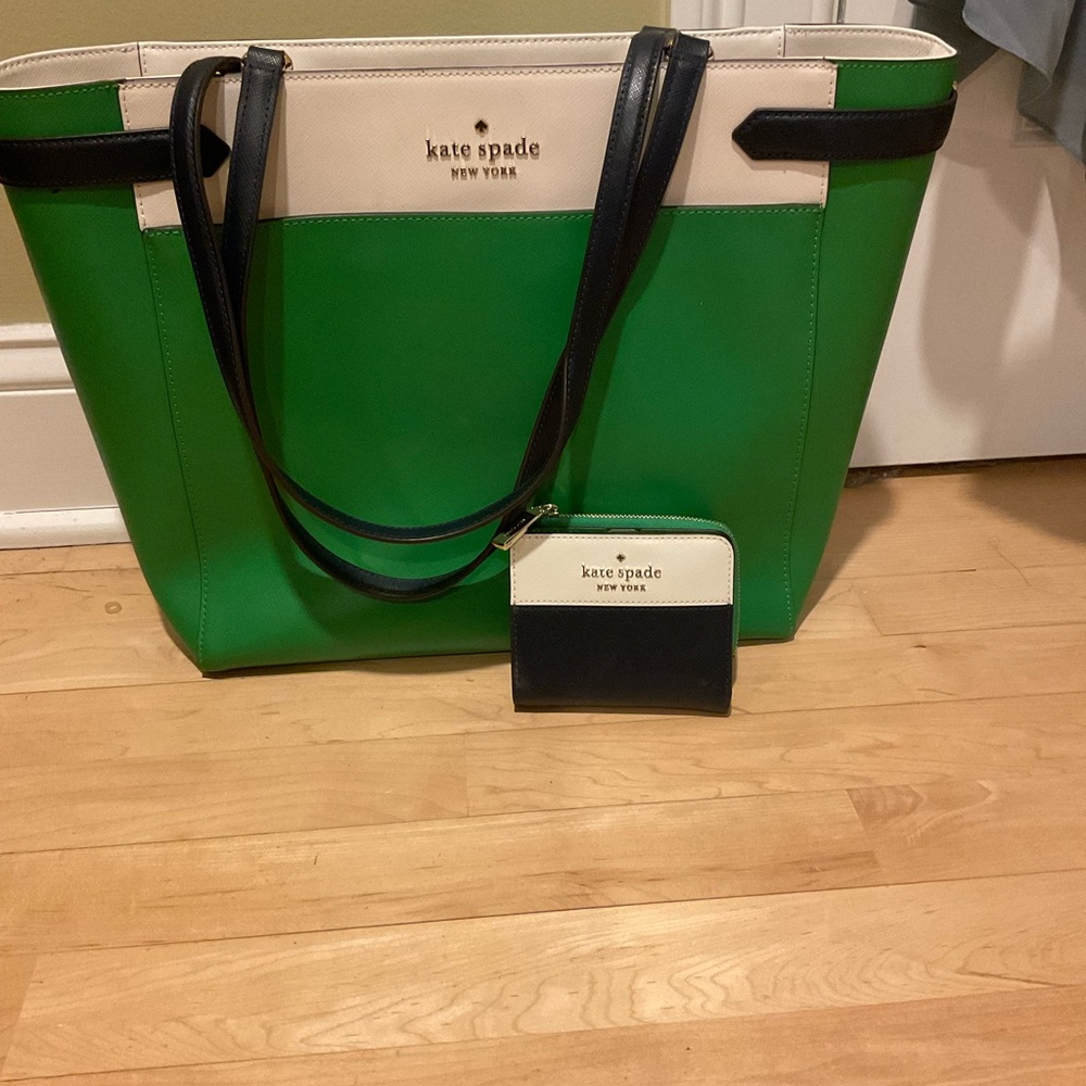 kate spade Green, White & Blue Leather Tote and matching wallet